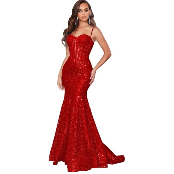 Women’s long sequin dress with corset style top - Picture 3 of 9